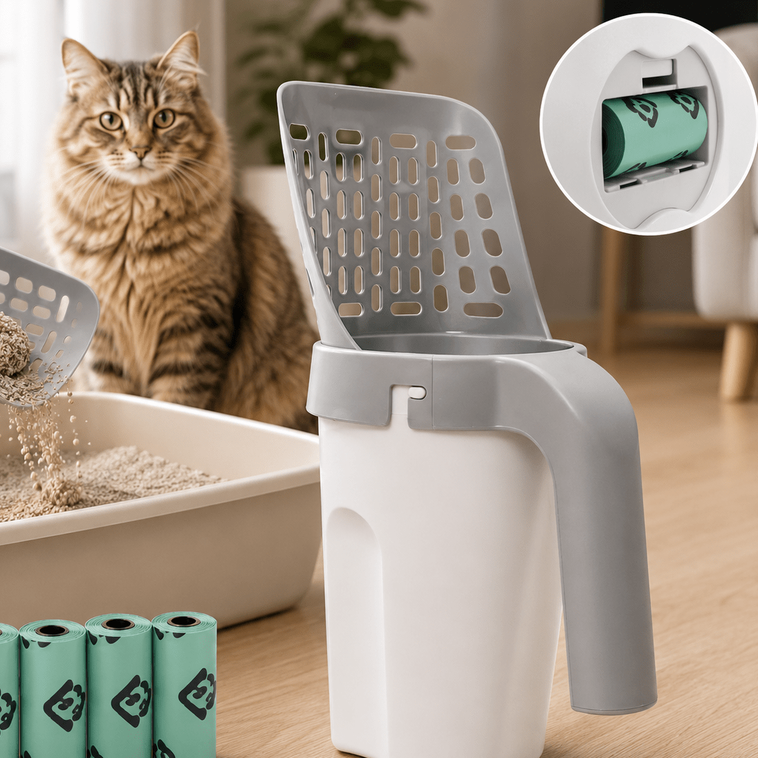 Petinox Hazneli Kedi Kumu Küreği | Poşet Hazneli Yeni Nesil Kedi Kum Temizleme Küreği + 4 Rulo Kaka Poşeti - petinox