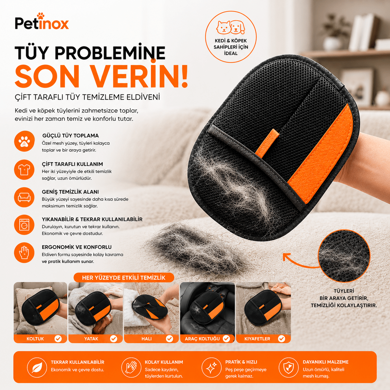Petinox XL Çift Taraflı Statik Kedi Köpek Tüy Temizleme Eldiveni | Giysi, Koltuk, Halı ve Mobilya İçin - petinox