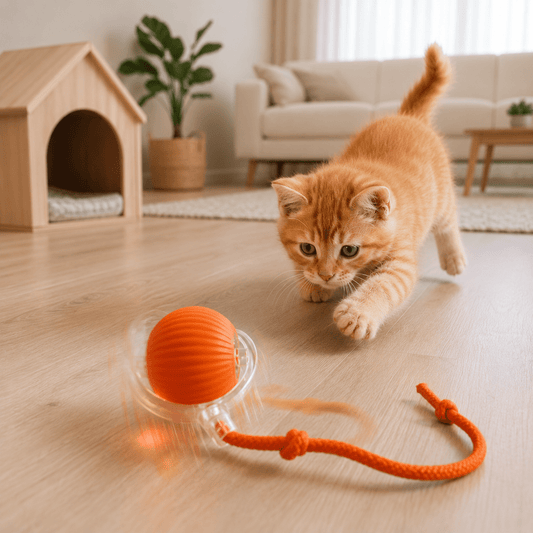 Akıllı Şarjlı Hareketli Kedi Oyuncağı – USB Şarjlı İnteraktif Halatlı Top Kedi Oyuncağı - petinox