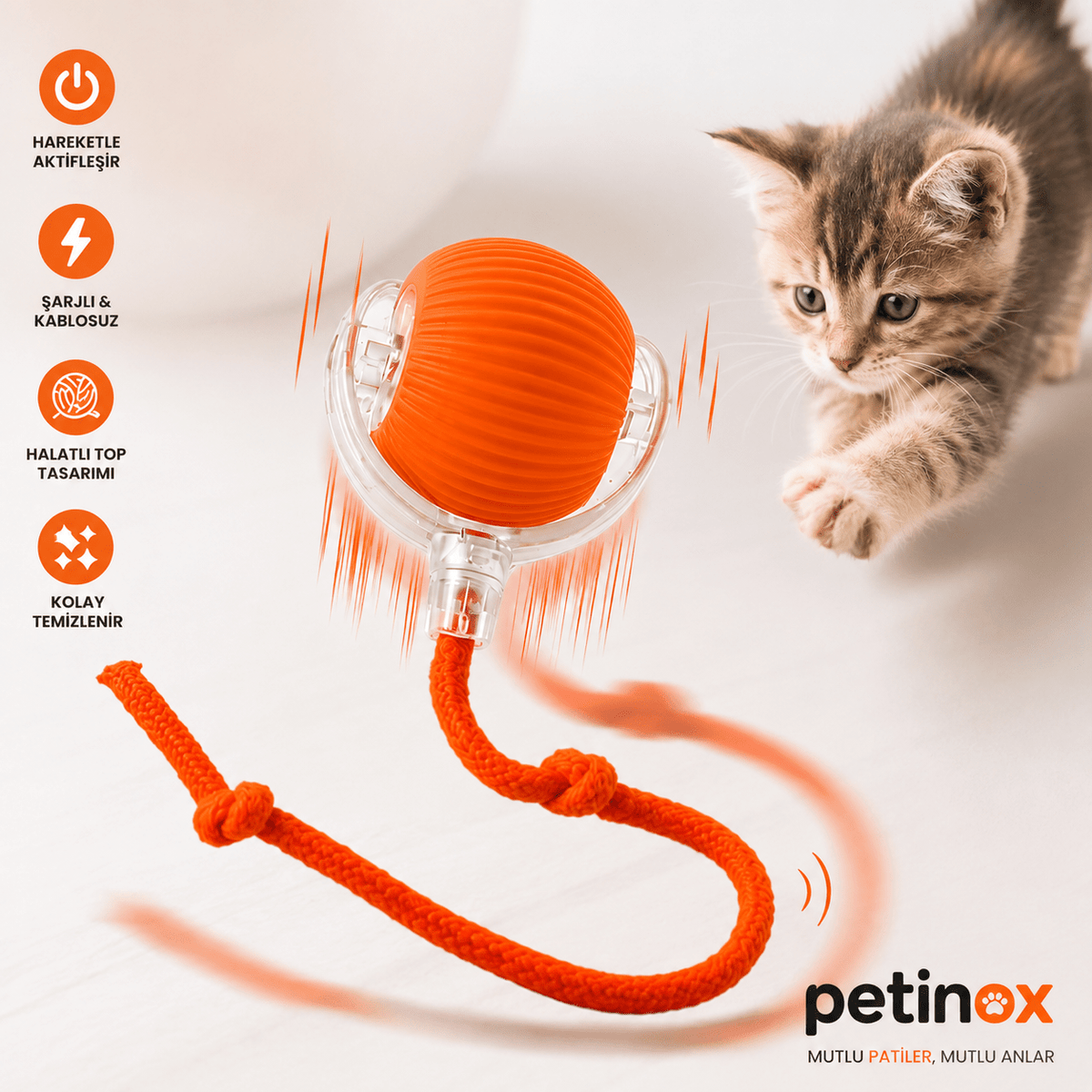 Akıllı Şarjlı Hareketli Kedi Oyuncağı – USB Şarjlı İnteraktif Halatlı Top Kedi Oyuncağı - petinox