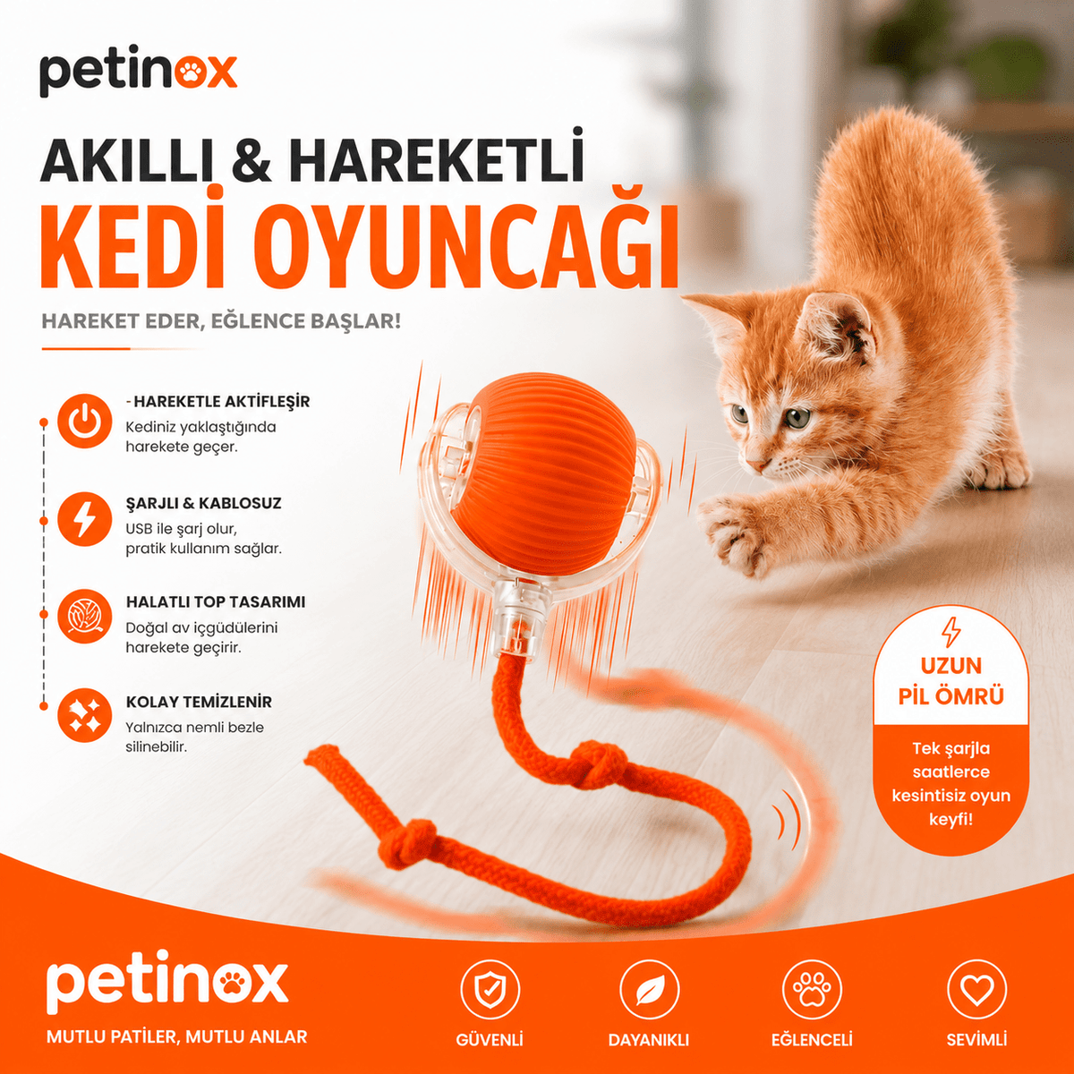 Akıllı Şarjlı Hareketli Kedi Oyuncağı – USB Şarjlı İnteraktif Halatlı Top Kedi Oyuncağı - petinox