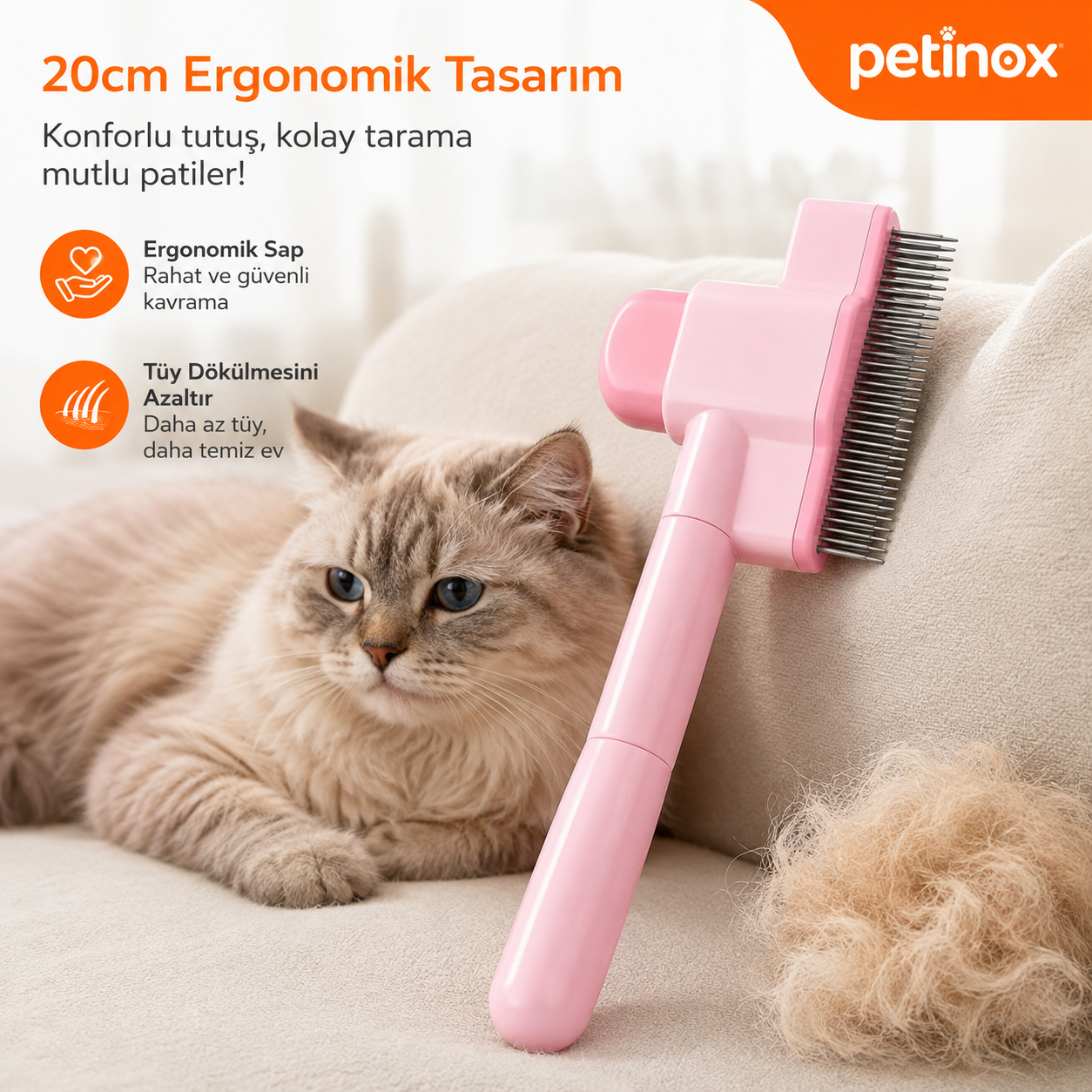 Petinox® Tek Tuşla Temizlenen Profesyonel Kedi & Köpek Tarağı
