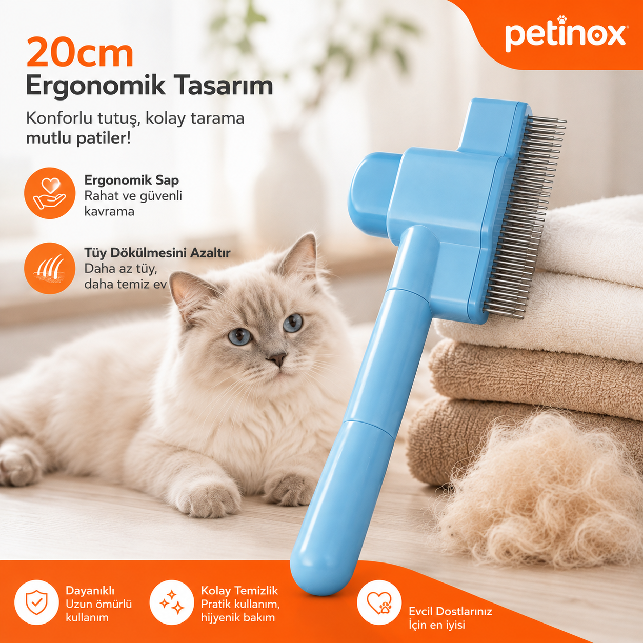 Petinox® Tek Tuşla Temizlenen Profesyonel Kedi & Köpek Tarağı