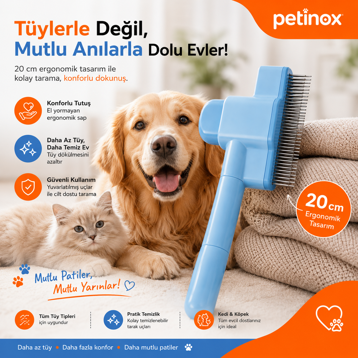 Petinox® Tek Tuşla Temizlenen Profesyonel Kedi & Köpek Tarağı