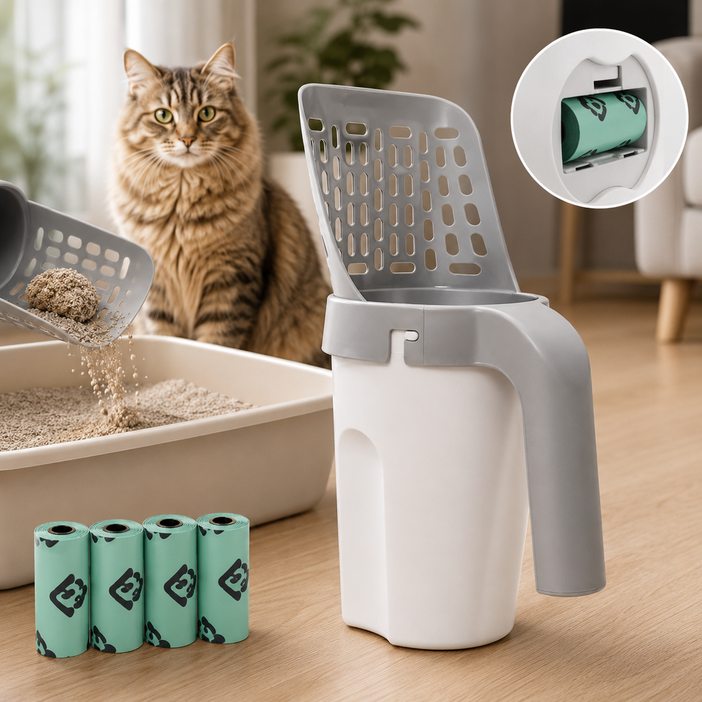Petinox Hazneli Kedi Kumu Küreği | Poşet Hazneli Yeni Nesil Kedi Kum Temizleme Küreği + 4 Rulo Kaka Poşeti