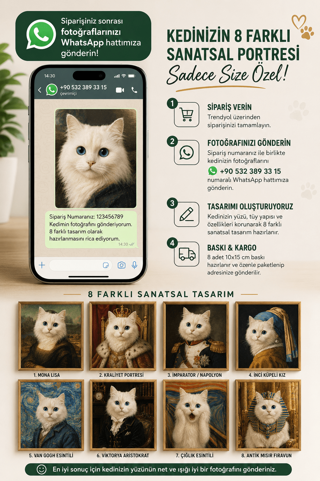 Kişiye Özel Kedi Portre Seti 8’li – Fotoğrafınızdan 8 Farklı Sanatsal Tasarım – 10x15 cm Baskı - petinox