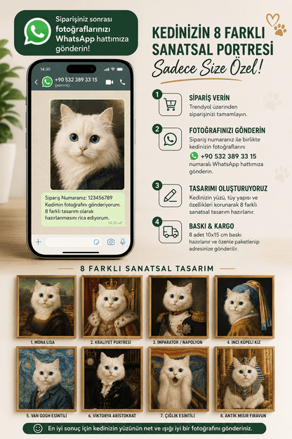 Kişiye Özel Kedi Portre Seti 8’li – Fotoğrafınızdan 8 Farklı Sanatsal Tasarım – 10x15 cm Baskı - petinox