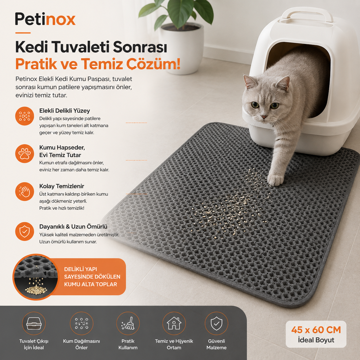 Petinox Elekli Kedi Kumu Paspası 45x60 cm | Çift Katmanlı Kum Toplayıcı Kedi Tuvalet Önü Matı