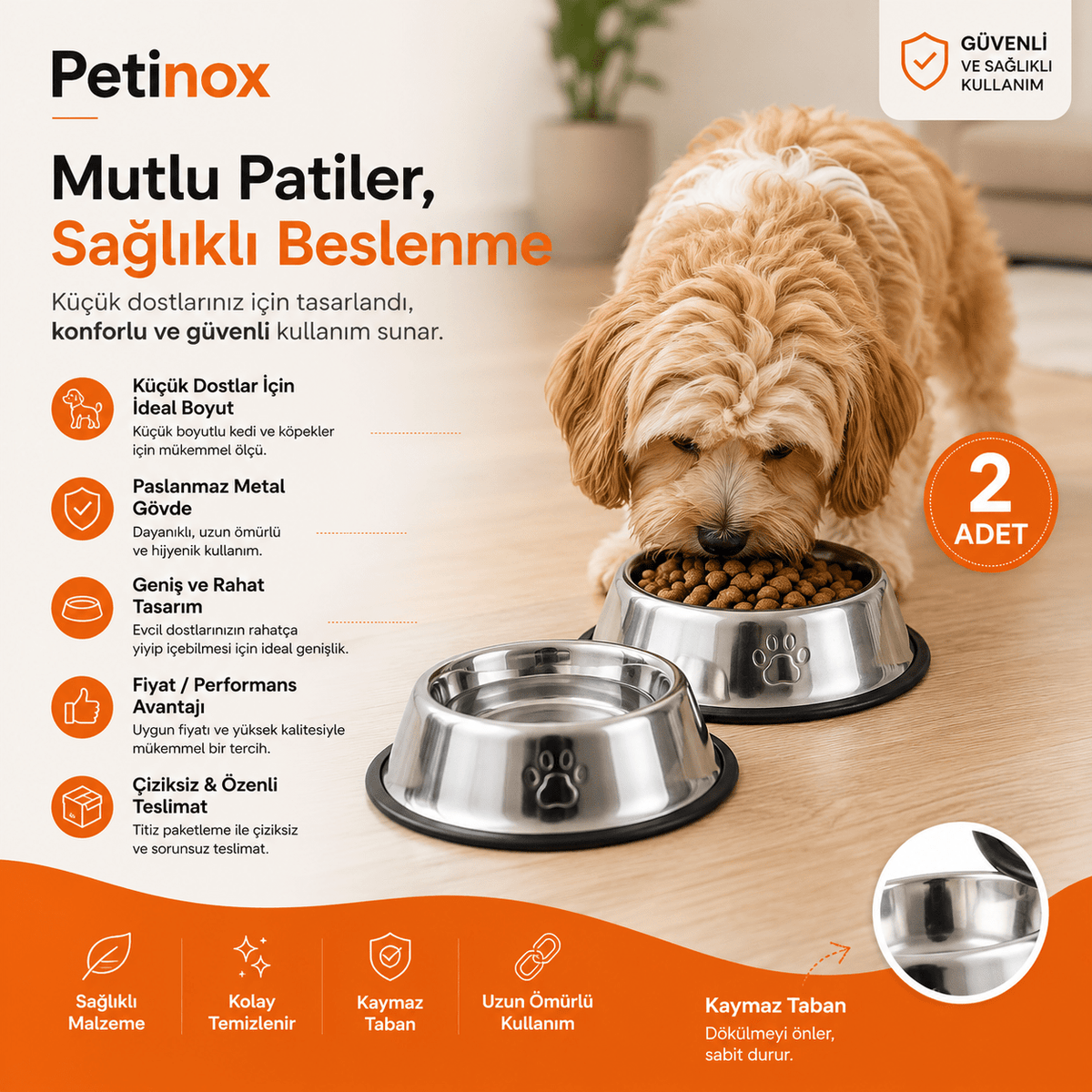 Petinox 2’li Paslanmaz Çelik Kedi ve Köpek Mama & Su Kabı 250 ml | Kaydırmaz Tabanlı 16 cm - petinox