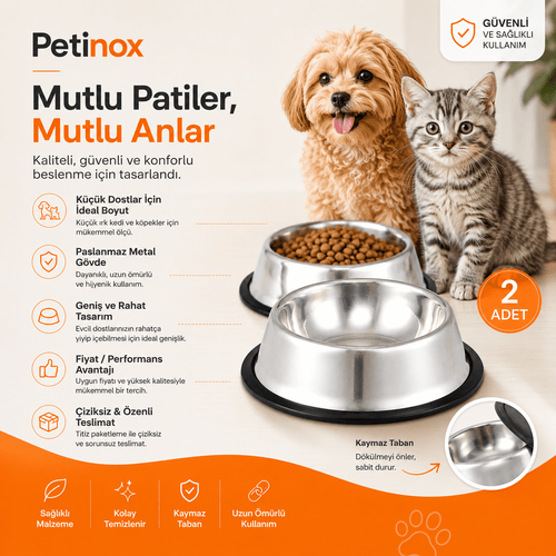 Petinox 2’li Paslanmaz Çelik Kedi ve Köpek Mama & Su Kabı 250 ml | Kaydırmaz Tabanlı 16 cm - petinox