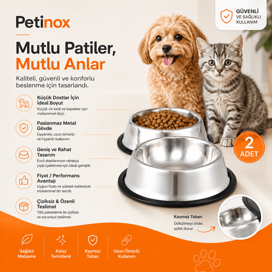 Petinox 2’li Paslanmaz Çelik Kedi ve Köpek Mama & Su Kabı 250 ml | Kaydırmaz Tabanlı 16 cm - petinox