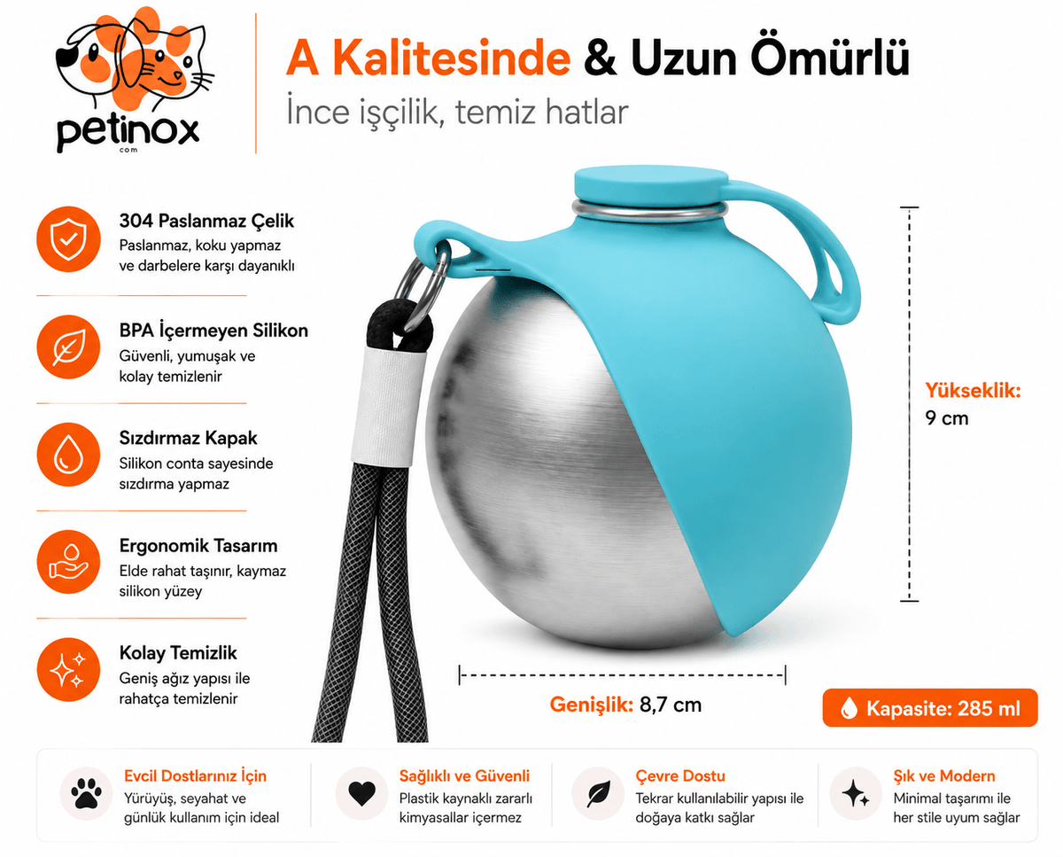 Petinox 2'si 1 Arada Paslanmaz Çelik Köpek Su Matarası ve Mama Kabı – Taşınabilir Seyahat Suluğu - petinox