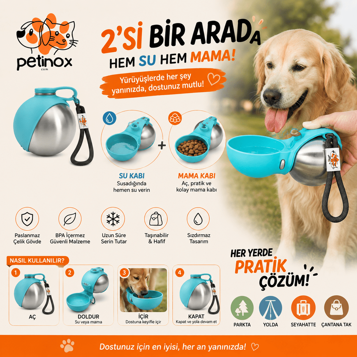 Petinox 2'si 1 Arada Paslanmaz Çelik Köpek Su Matarası ve Mama Kabı – Taşınabilir Seyahat Suluğu - petinox