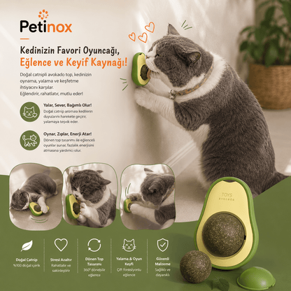 Petinox Doğal Catnipli Dönen Kedi Nanesi Oyuncağı | Yapışkanlı Avokado Kedi Yalama Topu - petinox