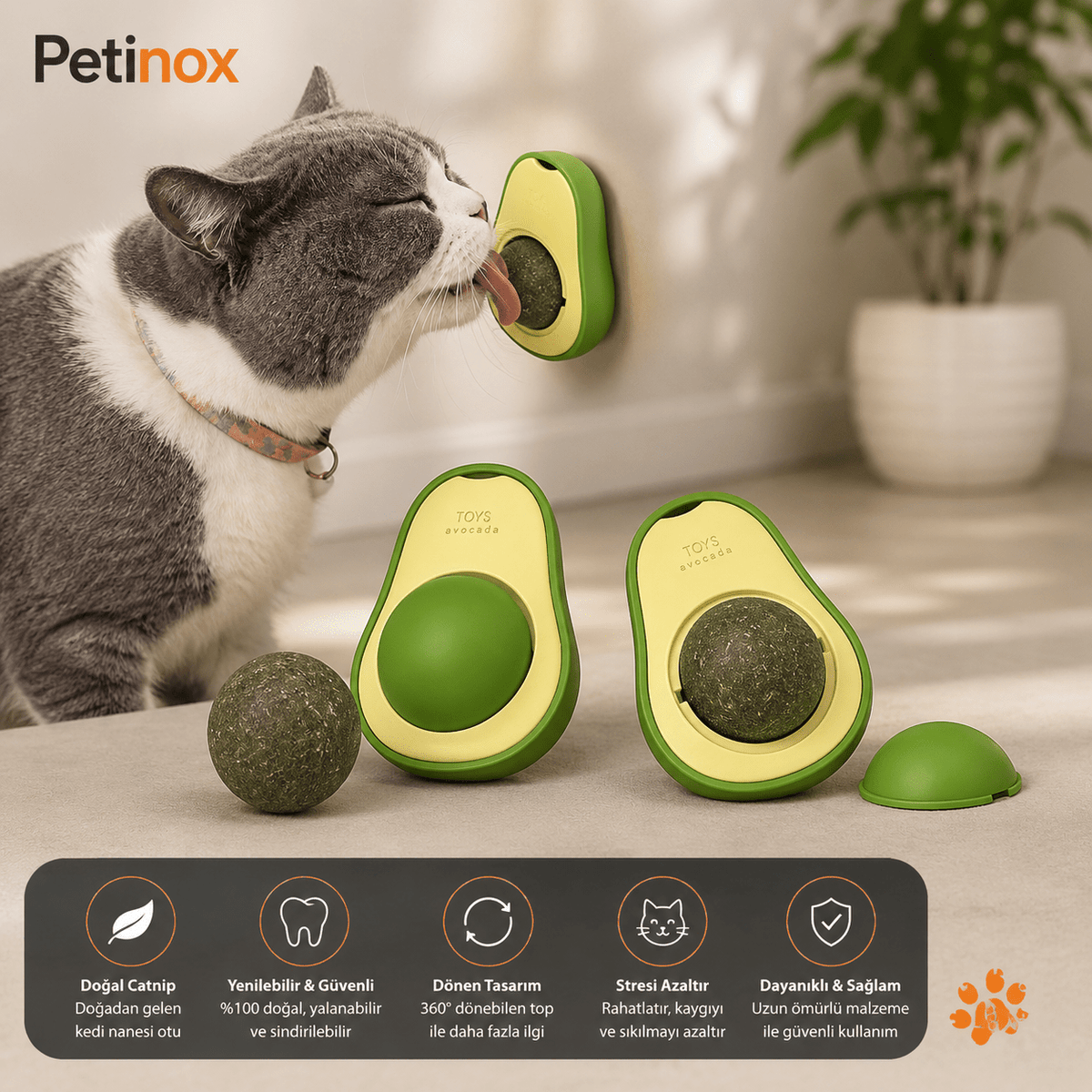 Petinox Doğal Catnipli Dönen Kedi Nanesi Oyuncağı | Yapışkanlı Avokado Kedi Yalama Topu - petinox