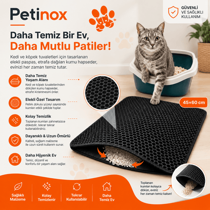 Petinox Elekli Kedi Kumu Paspası 45x60 cm | Çift Katmanlı Kum Toplayıcı Kedi Tuvalet Önü Matı - petinox