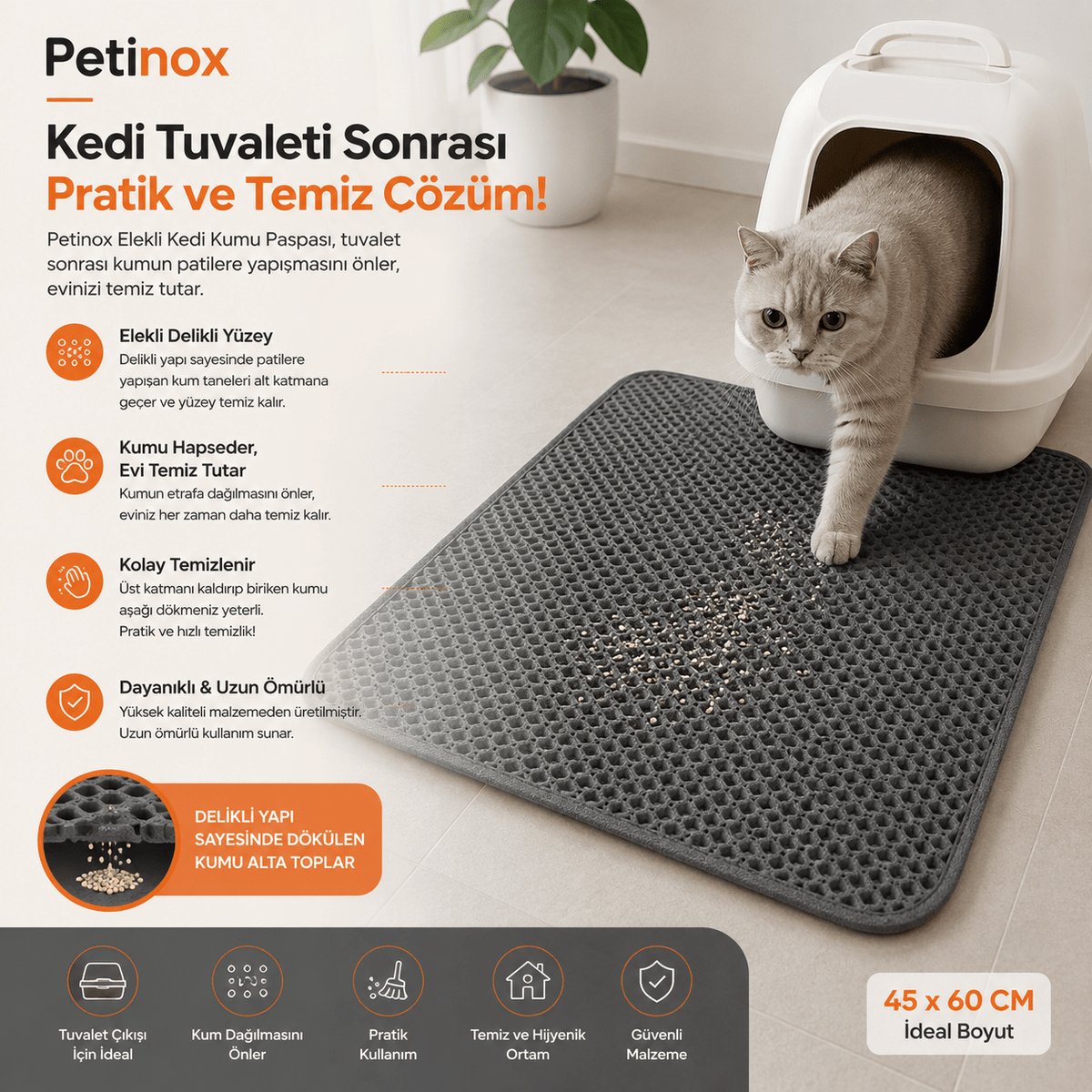 Petinox Elekli Kedi Kumu Paspası 45x60 cm | Çift Katmanlı Kum Toplayıcı Kedi Tuvalet Önü Matı - petinox