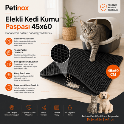 Petinox Elekli Kedi Kumu Paspası 45x60 cm | Çift Katmanlı Kum Toplayıcı Kedi Tuvalet Önü Matı - petinox
