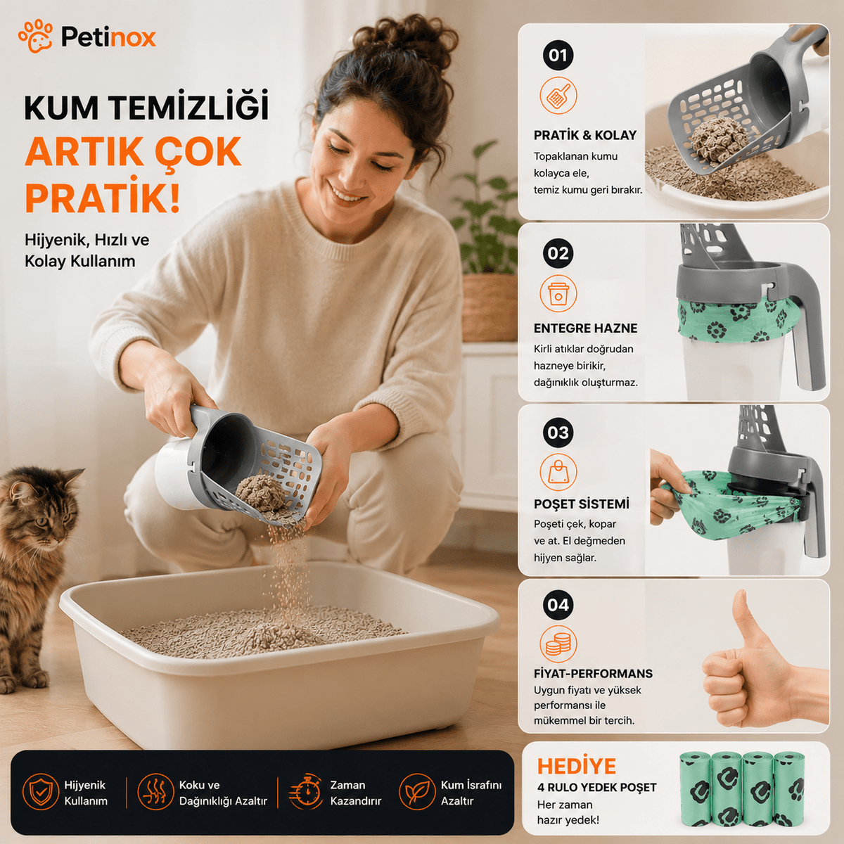 Petinox Hazneli Kedi Kumu Küreği | Poşet Hazneli Yeni Nesil Kedi Kum Temizleme Küreği + 4 Rulo Kaka Poşeti - petinox