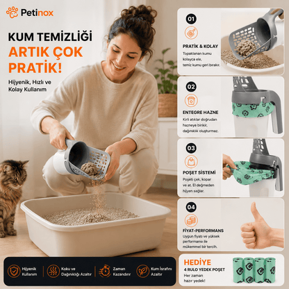 Petinox Hazneli Kedi Kumu Küreği | Poşet Hazneli Yeni Nesil Kedi Kum Temizleme Küreği + 4 Rulo Kaka Poşeti - petinox