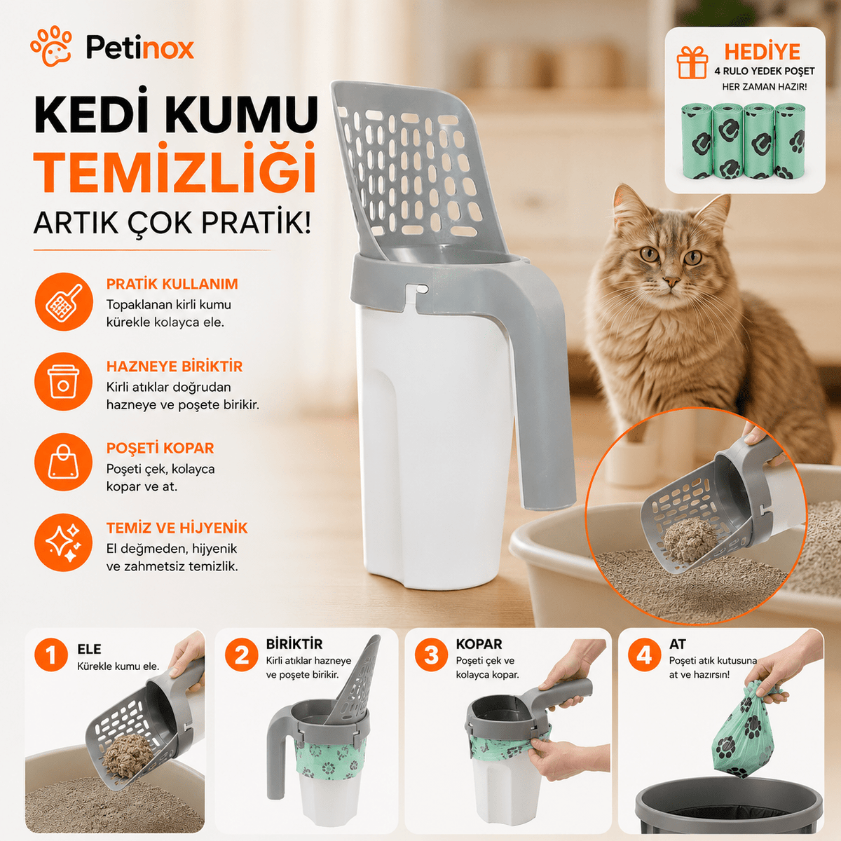 Petinox Hazneli Kedi Kumu Küreği | Poşet Hazneli Yeni Nesil Kedi Kum Temizleme Küreği + 4 Rulo Kaka Poşeti - petinox