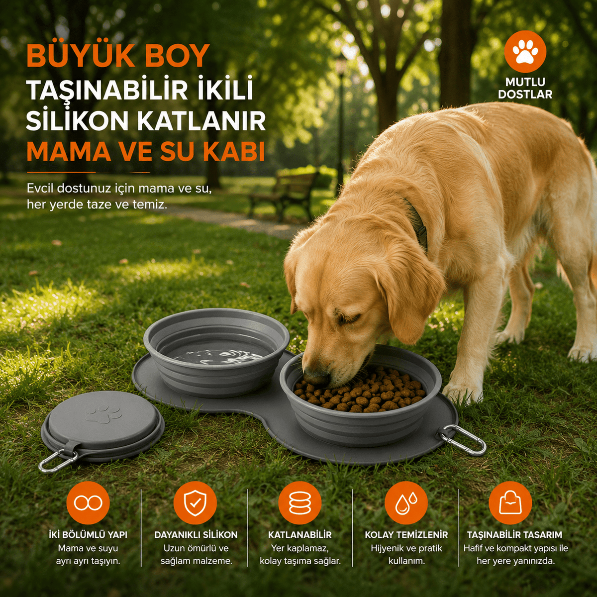 Petinox Katlanabilir Silikon Kedi Köpek Mama ve Su Kabı | Karabinalı Taşınabilir Seyahat Kabı - petinox