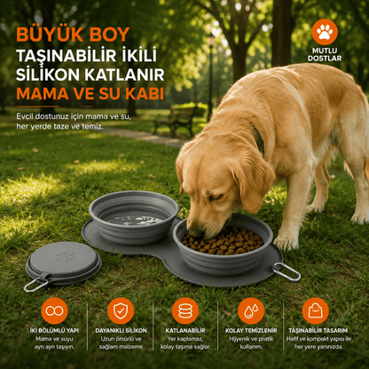 Petinox Katlanabilir Silikon Kedi Köpek Mama ve Su Kabı | Karabinalı Taşınabilir Seyahat Kabı - petinox
