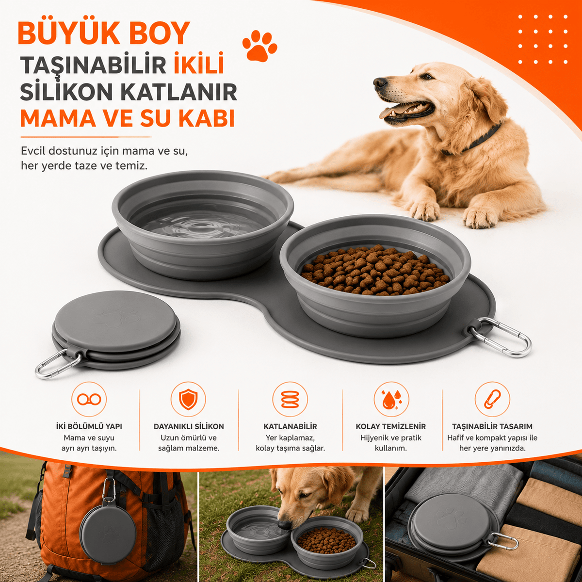Petinox Katlanabilir Silikon Kedi Köpek Mama ve Su Kabı | Karabinalı Taşınabilir Seyahat Kabı - petinox