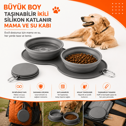 Petinox Katlanabilir Silikon Kedi Köpek Mama ve Su Kabı | Karabinalı Taşınabilir Seyahat Kabı - petinox