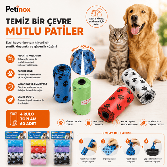 Petinox Kedi Köpek Kaka Poşeti 4 Rulo 60 Adet Sızdırmaz Pati Desenli Dışkı Toplama Torbası - petinox