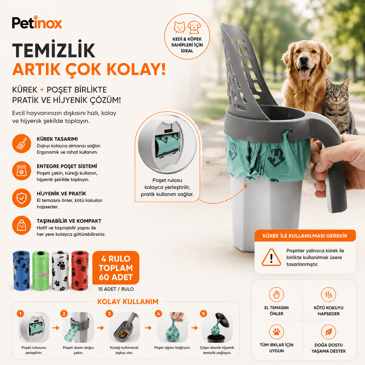 Petinox Kedi Köpek Kaka Poşeti 4 Rulo 60 Adet Sızdırmaz Pati Desenli Dışkı Toplama Torbası - petinox