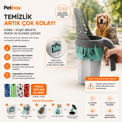 Petinox Kedi Köpek Kaka Poşeti 4 Rulo 60 Adet Sızdırmaz Pati Desenli Dışkı Toplama Torbası - petinox
