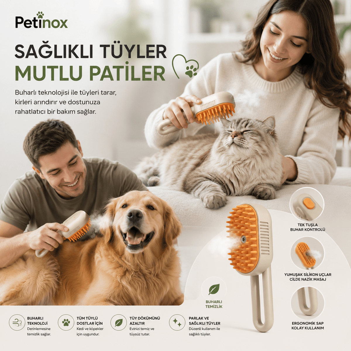 Petinox Şarjlı Buharlı Kedi Köpek Tarağı | Yumuşak Silikon Tüy Toplayıcı ve Masaj Fırçası - petinox