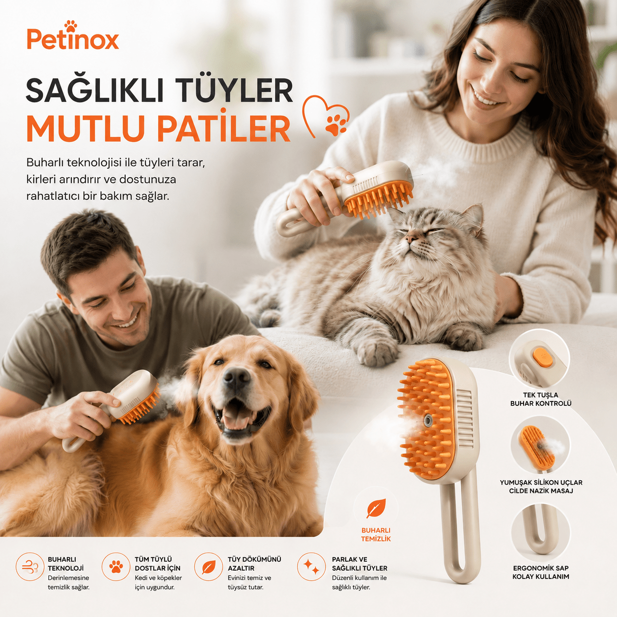 Petinox Şarjlı Buharlı Kedi Köpek Tarağı | Yumuşak Silikon Tüy Toplayıcı ve Masaj Fırçası - petinox