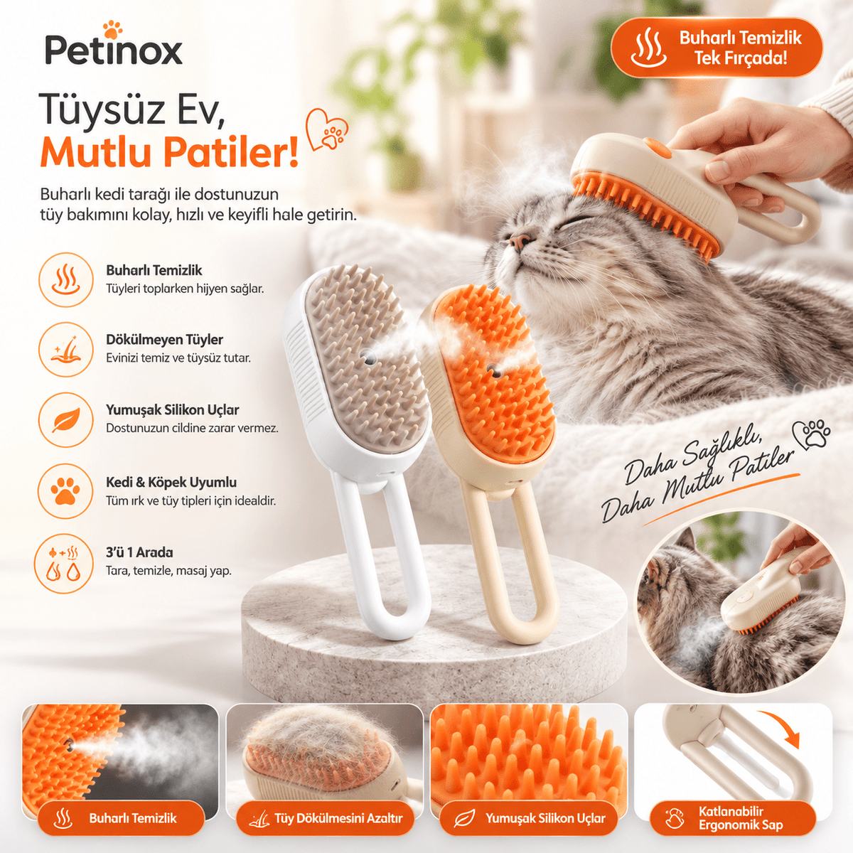 Petinox Şarjlı Buharlı Kedi Köpek Tarağı | Yumuşak Silikon Tüy Toplayıcı ve Masaj Fırçası - petinox