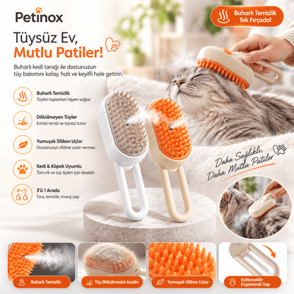 Petinox Şarjlı Buharlı Kedi Köpek Tarağı | Yumuşak Silikon Tüy Toplayıcı ve Masaj Fırçası - petinox