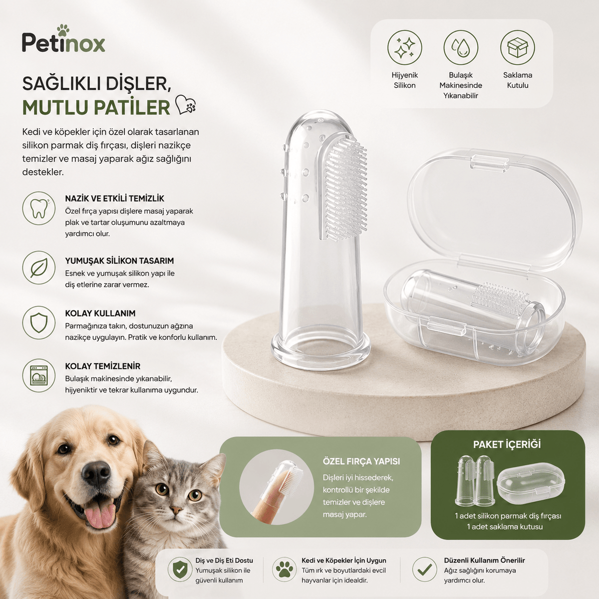 Petinox Silikon Parmak Kedi Köpek Diş Fırçası | Yumuşak Evcil Hayvan Ağız ve Diş Bakım Fırçası - petinox