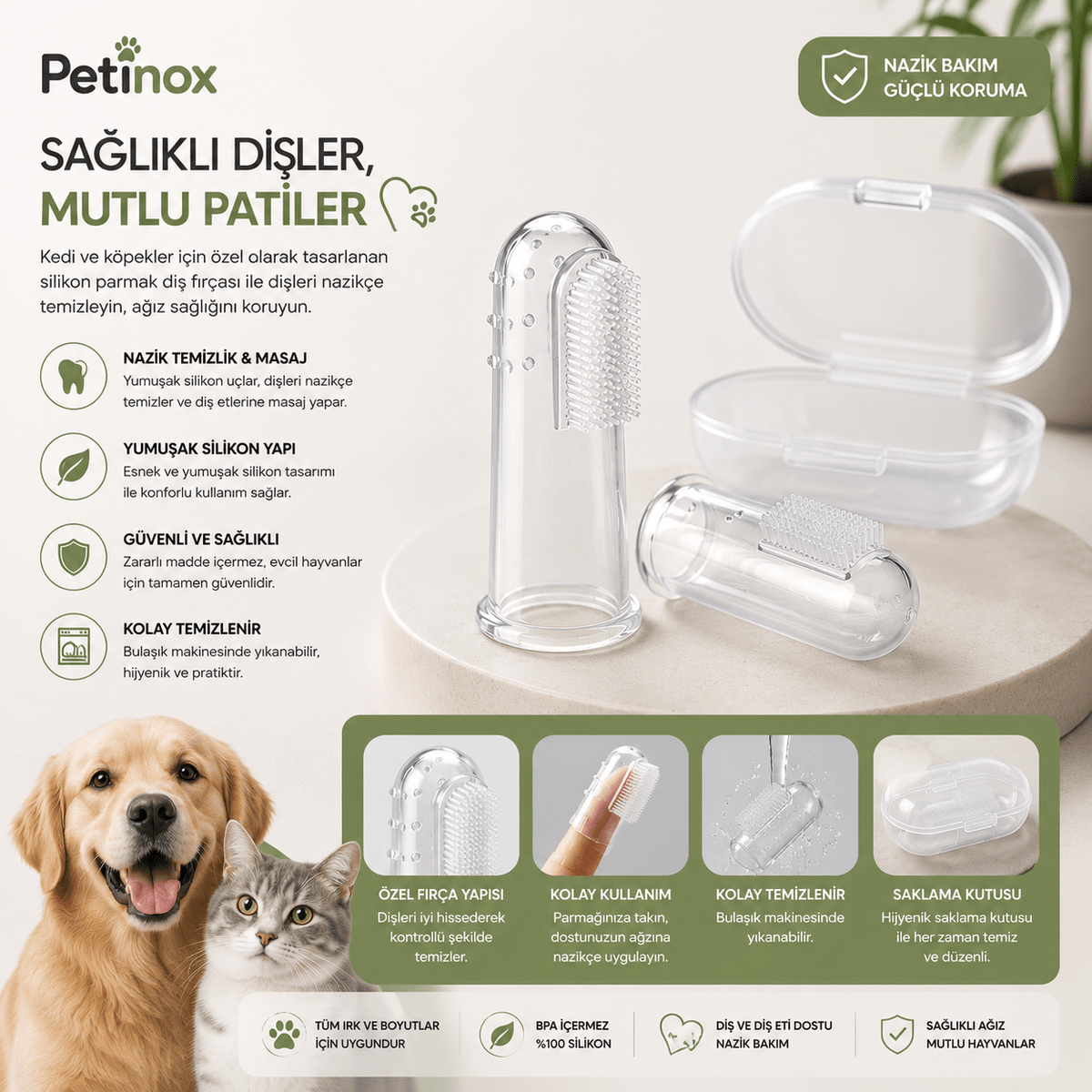 Petinox Silikon Parmak Kedi Köpek Diş Fırçası | Yumuşak Evcil Hayvan Ağız ve Diş Bakım Fırçası - petinox