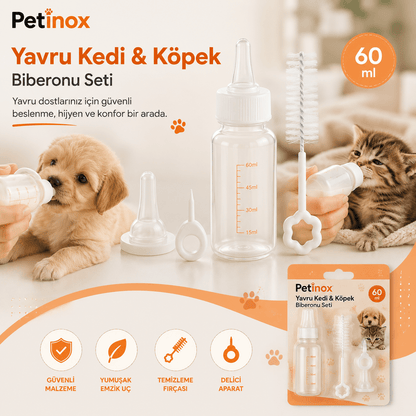 Petinox Yavru Kedi ve Köpek Biberon Seti 60 ML | Yedek Emzikli ve Temizleme Fırçalı Besleme Seti - petinox